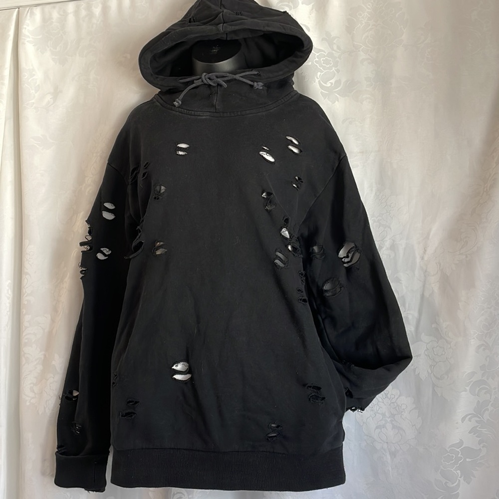 Men's Black Distressed Pullover Hoodie